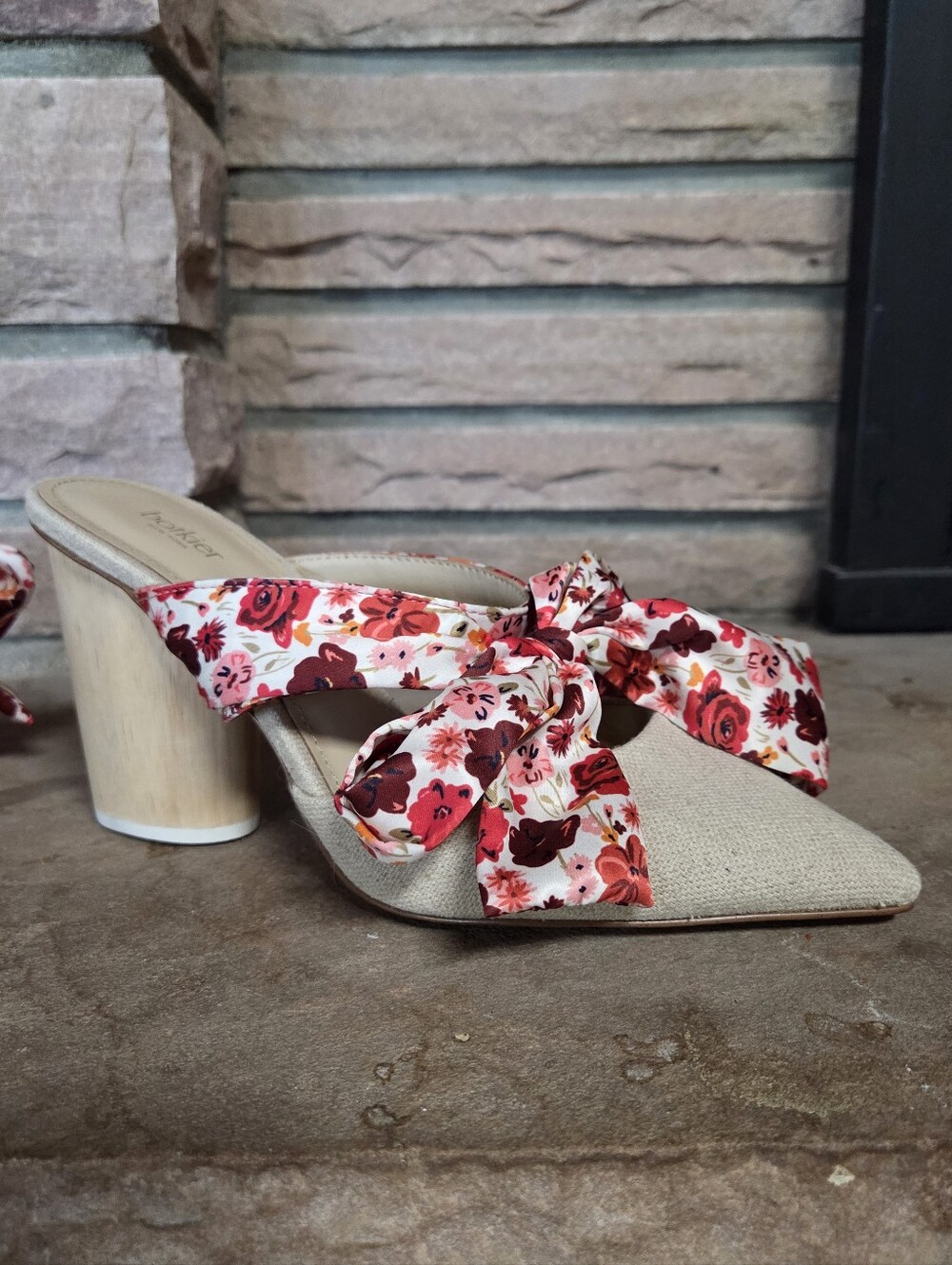Botkier Beige Pointed Toe Mules with Red Floral Bow